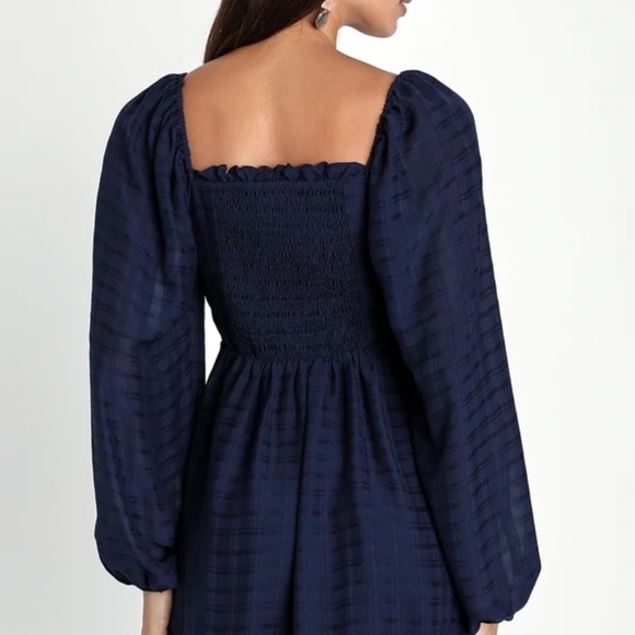 Lulus Adored Feeling Navy Blue Balloon Sleeve Skater Mini Dress - S - EUC - Picture 3 of 6